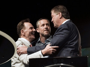 (Left to right) Outgoing Southern Baptist Convention President Ronnie Floyd together with presidential nominee J.D. Greear congratulate president-elect Steve Gaines, pastor of Bellevue Baptist Church in Cordova, Tenn., after he is elected president of the SBC by acclamation after Greear withdrew from the race and moved that the convention elect Gaines by acclamation during the SBC's annual meeting at America's Center in St. Louis Wednesday, June 15. Photo by Bill Bangham, courtesy of Baptist Press